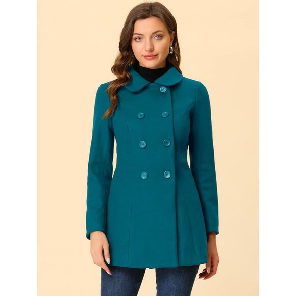 Women's  Lake Blue Medium Winter Peter Pan Collar Double Breasted Long Pea Coat - Picture 2 of 5
